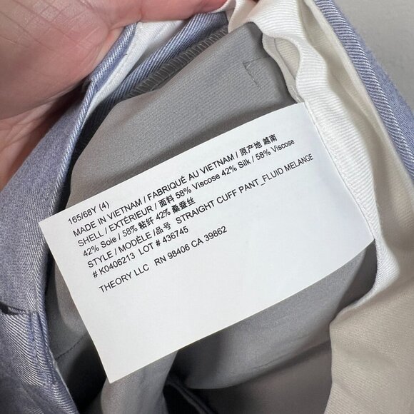 Theory Straight Cuff Pants Size 4 Sky Light Blue Work Career Business Silk Blend - Picture 11 of 12